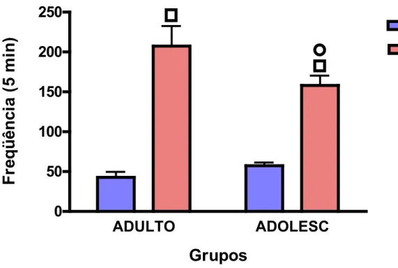 Figura 6. Efeitos do tratamento agudo de etanol 2g/kg (EtOH) ou solução controle (SAL) sobre a  freqüência de locomoção em camundongos adultos (ADULTO) (n = 12/grupo) ou adolescentes  (ADOLESC) (n = 12/grupo)