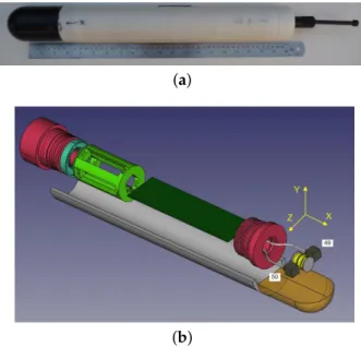 Figure 1b shows an exploded view of a three-dimensional CAD model of the device. In this figure, we discern, in the acoustically sensitive part (in dark yellow) which represents the polyurethane mould, the DAVS sensing elements: two accelerometers (grey bl