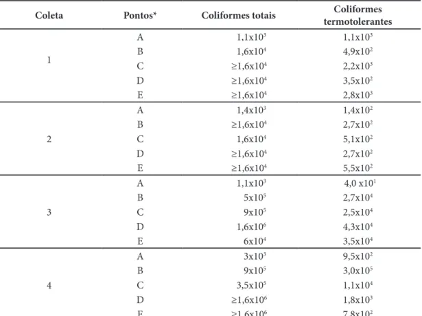 Tabela 1 – Número mais provável (NMP) de coliformes totais e termotolerantes por 100 mL de   água dos diferentes pontos de coleta do Arroio Dilúvio