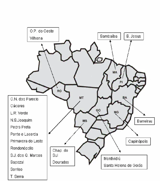 Figura 2 – Distribuição dos experimentos do Ensaio Estadual de Algodoeiro Herbáceo conduzidos em diferentes  localidades do país na safra 2000-01