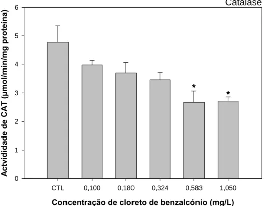 Figura 4. Resultados obtidos para a atividade da catalase após exposição crónica de O