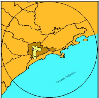 Figura 5:  Área de cobertura do radar meteorológico de São Paulo com destaque para  Bacia  do  Alto  Tietê  (BAT)  e  a  Região  Metropolitana  de  São  Paulo  (RMSP)