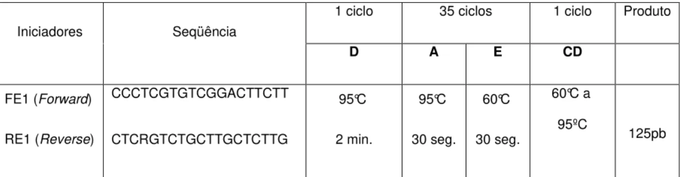 Tabela 2: Sequência de iniciadores e condições aplicadas ao ensaio de qPCR  Iniciadores  Seqüência 