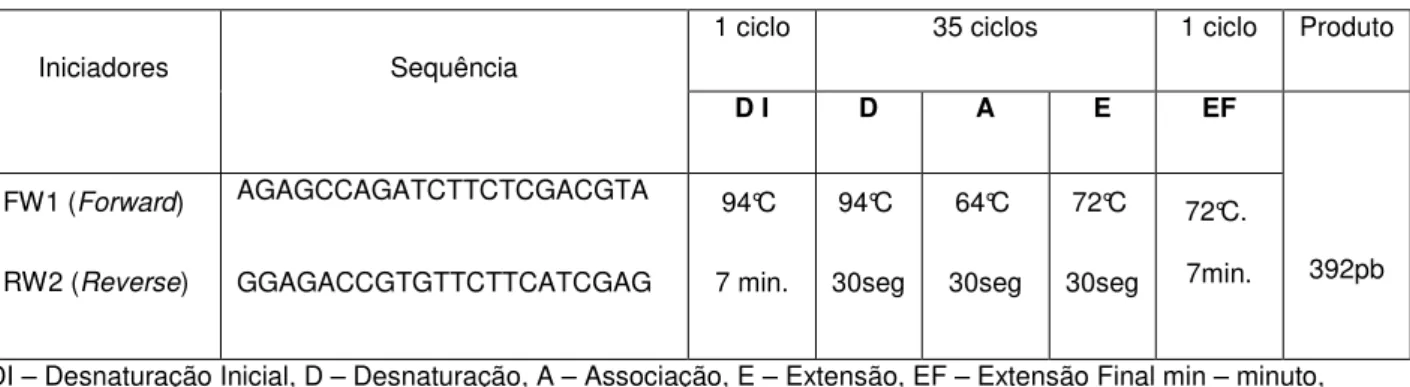 Tabela 4: Sequência de iniciadores e condições aplicadas ao ensaio 1 da padronização  do ensaio de PCR  