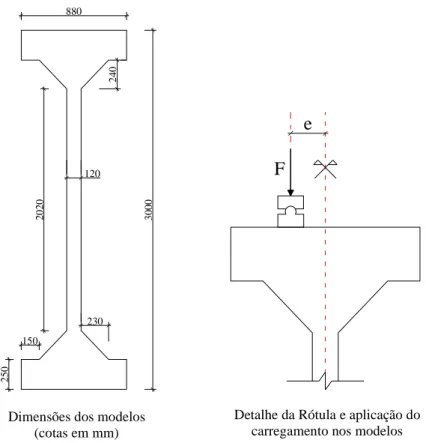 Figura 2.8 – Dados geométricos dos modelos e detalhe da aplicação da carga 