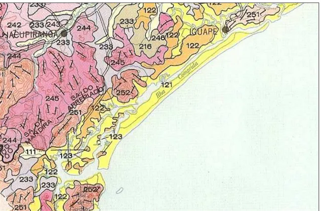 Figura 4.1-1 - Reprodução da Carta Geomorfológica do Estado de São Paulo (Ponçano et al, 1981)  no litoral sul  do Estado de São Paulo - Região de Ilha Comprida