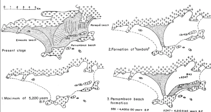 Figura 4.1.1.1-4. Esquema evolutivo da planície costeira na região entre as Praias da  Enseada, Pernambuco e Perequê