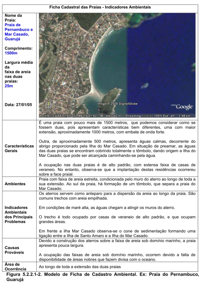 Figura 5.2.2.1-2. Modelo de Ficha de Cadastro Ambiental. Ex: Praia do Pernambuco,  Guarujá  