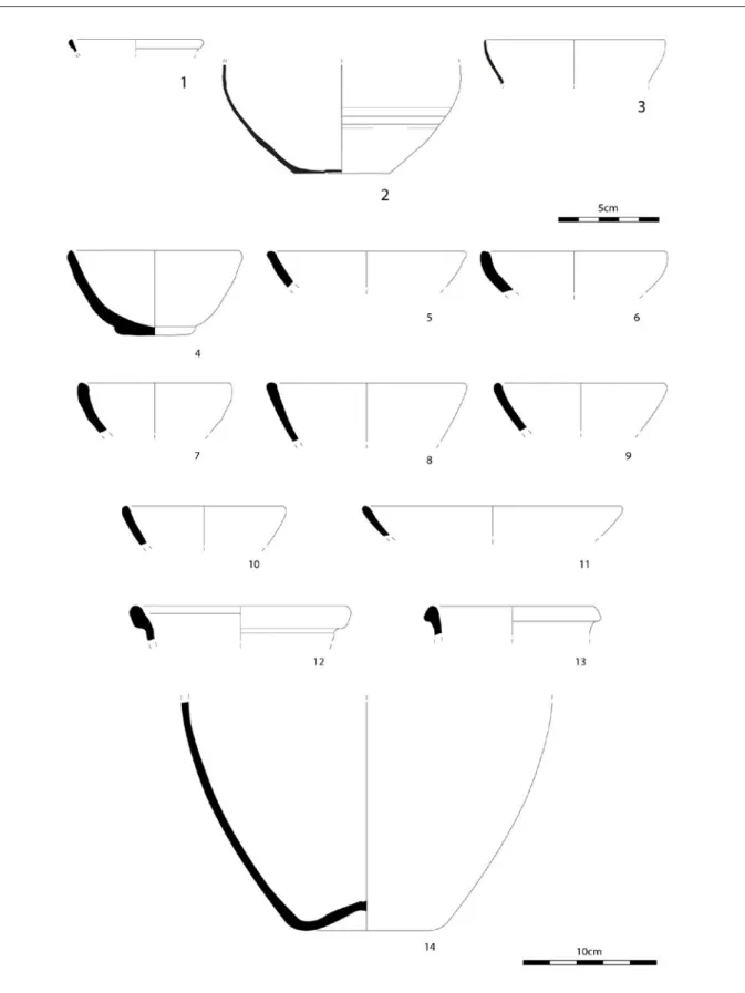 Figura 15. Materiais da Fase III da cisterna de Monte Molião. nº 1 a 3 - cerâmica de Paredes Finas; nº 4 a 14 – cerâmica comum.
