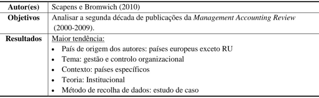 Tabela 11: Resumo do estudo de Scapens e Bromwich (2010). 