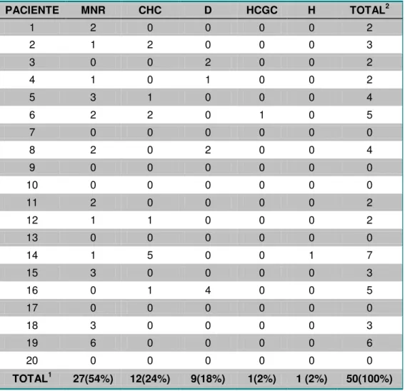 Tabela 2  –  Número de nódulos por tipo histológico por paciente 