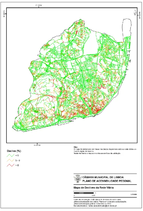 Figura 15 – Mapa de  declividades da rede viária de  Lisboa. 
