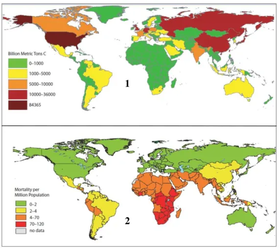 Figura 5: Mapa 1 - total de carbono emitido por país e Mapa 2 - Estimativa de  mortes atribuídas às mudanças climáticas, ambos para o ano de 2000