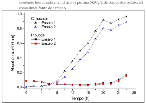 Gráfico 6 – Crescimento celular durante o cultivo de C. necator e P. putida em meio mineral,  contendo hidrolisado enzimático de pectina (4,97g/L de compostos redutores)  como única fonte de carbono