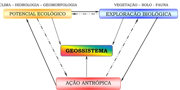 Figura 09 – Esquema das relações entre os elementos de um Geossistema  (Fonte: BERTRAND, 1972: 13; Org.: FÁVERO, 2001)