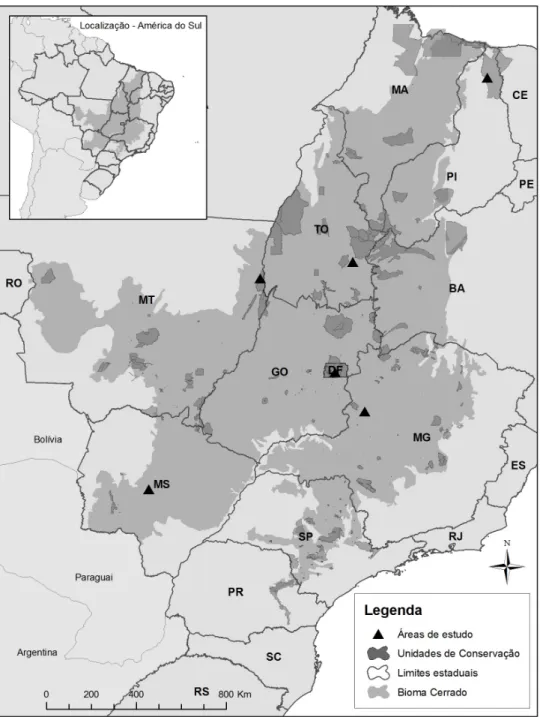 Figura 1. Localização das seis áreas de cerradão amostradas ao longo do bioma Cerrado