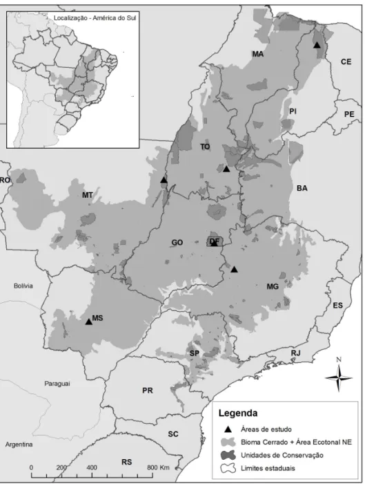 Figura 1. Localização das seis áreas de cerradão amostradas ao longo do bioma Cerrado,  com  destaque  para  a  área  de  abrangência  do  bioma
