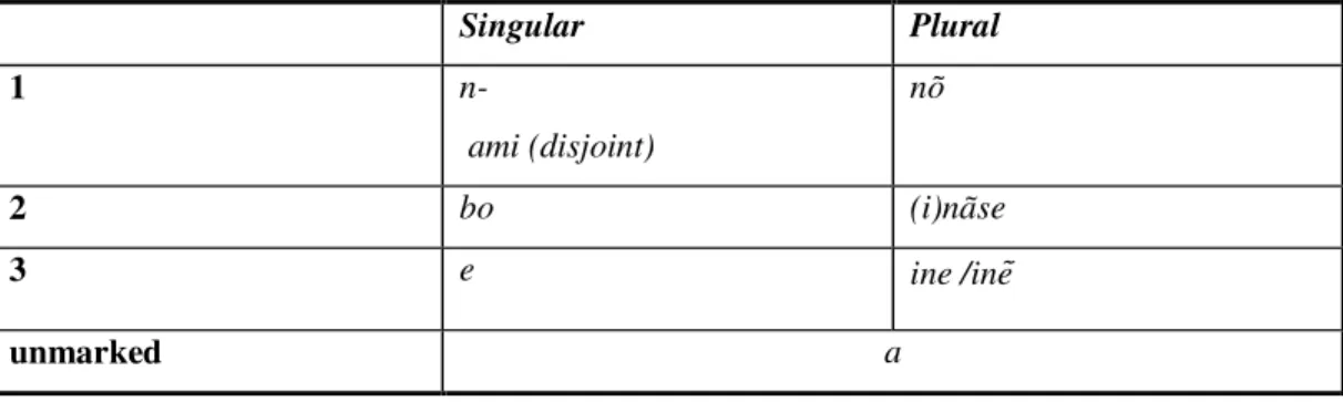 Table 5. Subject pronouns in Schang (2000: 225)  Singular  Plural  1  n-    ami (disjoint)  nõ  2  bo  (i)nãse  3  e  ine /ine) unmarked  a 