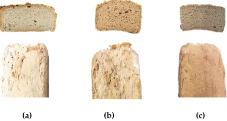 Figure 1. Gluten-free breads without acorn flour. Control (a), with A23% (b) and A35% (c) acorn flour