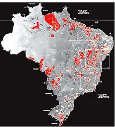 Figura 2: Mapa do Brasil representando em vermelho as regiões mais densamente  ocupadas por remanescentes de quilombos (Anjos, 2009)