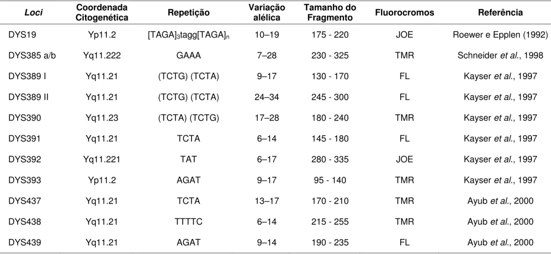 Tabela  6:  Informações  sobre  os  marcadores  Y-STR  selecionados  para  análise:  coordenada  citogenética,  seqüência  cerne  de  repetição,  variação alélica, tamanho do fragmento, fluorocromo e referência bibliográfica