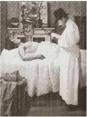 Figura 4 -. “Primeiros tratamentos de raio-X para o cancer de mama”, G. Chicot - 1908  Fonte: Yalom, História do Seio, 1997 