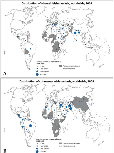 Figura  2.  Distribuição  geográfica  das  leishmanioses  pelo  mundo  no  período  de  2005  a  2009:  (A)  Leishmaniose  visceral;  (B)  Leishmaniose  cutânea