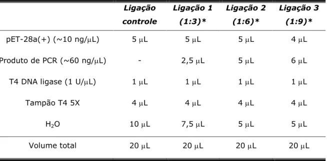 Tabela 3. Reações de ligação para o vetor pET-28a(+)  Ligação  controle  Ligação 1 (1:3)*  Ligação 2 (1:6)*  Ligação 3 (1:9)*  pET-28a(+) (~10 ng/L)  5 L   5 L   5 L   4 L   Produto de PCR (~60 ng/L)  -  2,5 L  5 L  6 L 