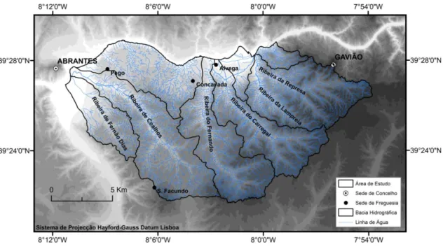 Figura 1.2 – Modelo digital do terreno (MDT) e enquadramento hidrográfico da região de Alvega