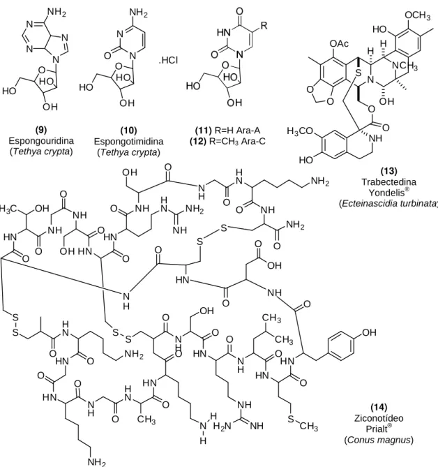 Figura  I.2  -  Fármacos  originados  de  produtos  naturais  marinhos  utilizados  na  terapêutica atual