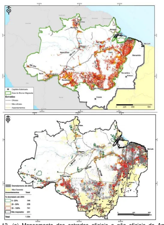 Figura  1.13. (a) Mapeamento das estradas oficiais e não oficiais da Amazônia  Brasileira até 2003 (adaptado de Brandão et al., 2007)