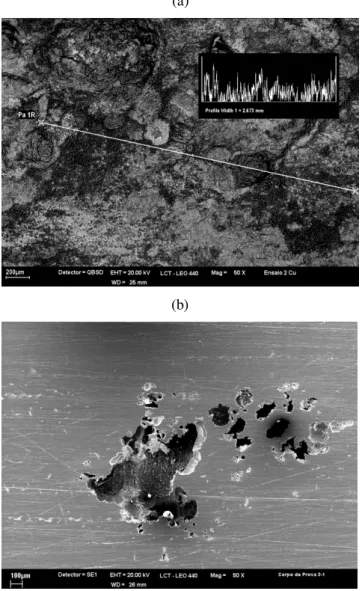 Figura 5.5 - Topografia da superfície dos ensaios com hipoclorito de sódio. (a) Liga de cobre- cobre-níquel (b) aço inoxidável