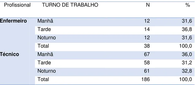 Tabela  3  –   Descritivo  da  quantidade  de  profissionais  de  enfermagem  observados  no  período  de  coleta de dados na UTI Neurológica por turno de trabalho