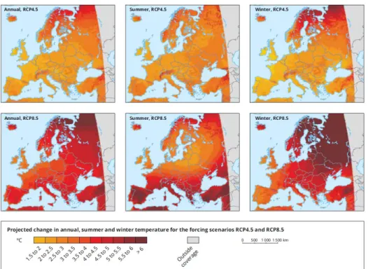 Figure 1.2. Projected changes in mean annual, summer and winter temperature in Europe for the forcing scenarios RCP4.5  and RCP8.5 3  (EEA 2017a) 