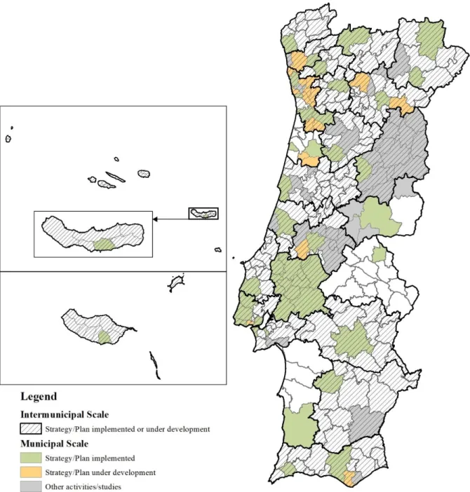 Figure 1.10. Current state of climate change adaptation plans/strategies at municipal and inter-municipal level for the Azores,  Madeira and mainland Portugal