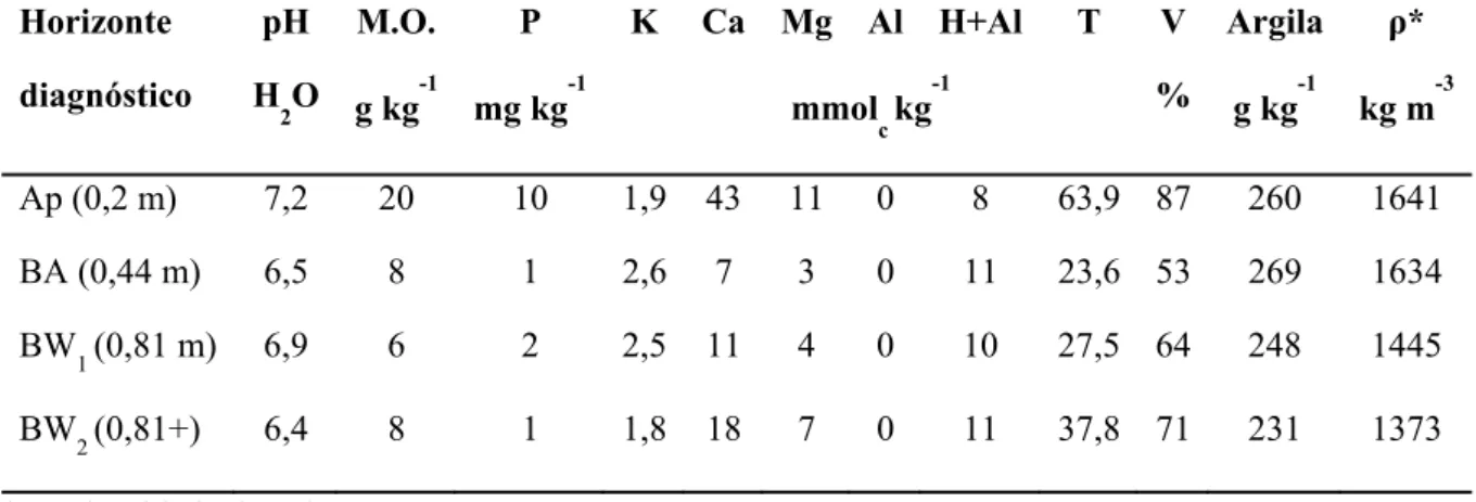 Tabela 1 - Caracterização química e física do Latossolo Vermelho Amarelo eutrófico (Typic  Eutrustox), Usina São Luiz – Dedini, Santa Cruz das Palmeiras, SP (OTTO, 2007)