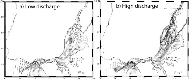 Figure 2.2.2. Residual circulation in the whole Tagus estuary under high and low freshwater  discharge (2210 m 3  s -1  and 23 m 3  s -1  respectively) scenarios