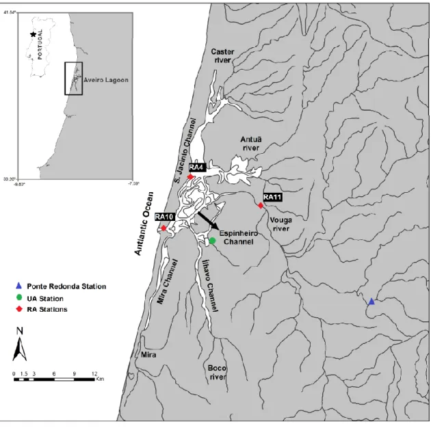Figure 1. Schematic overview of the Aveiro lagoon and location of the water quality  stations (RA stations), University of Aveiro meteorological station (UA station) and  Ponte Redonda hydrometric station