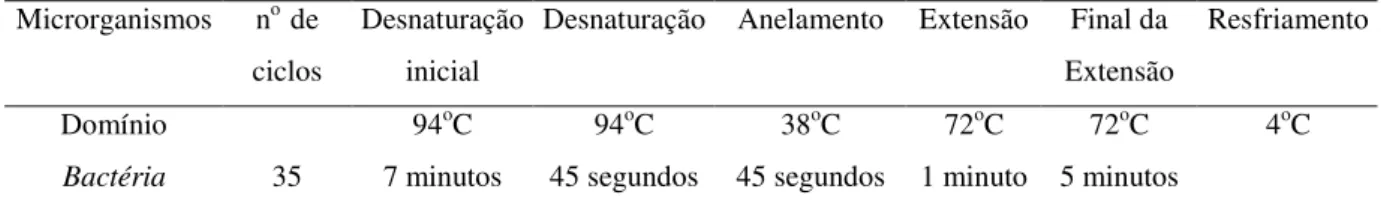 Tabela 4.5: Programação do aparelho termociclador para amplificação dos fragmentos de  ácidos nucléicos  para  as análises de PCR 