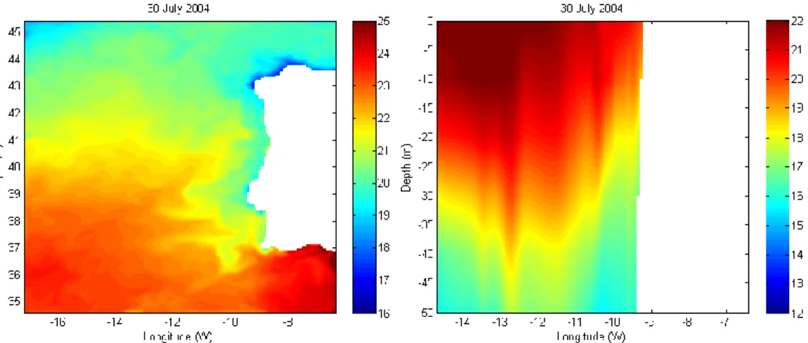 Figure 14 shows the mean meridional current and zonal temperature gradient of the ocean upper 50 m  for July 2004