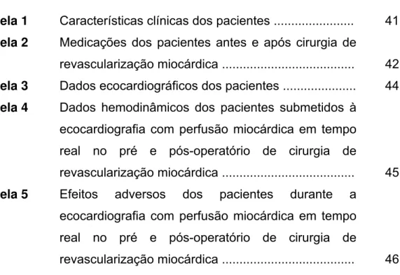 Tabela 1  Características clínicas dos pacientes ....................... 41 Tabela 2  Medicações dos pacientes antes e após cirurgia de 