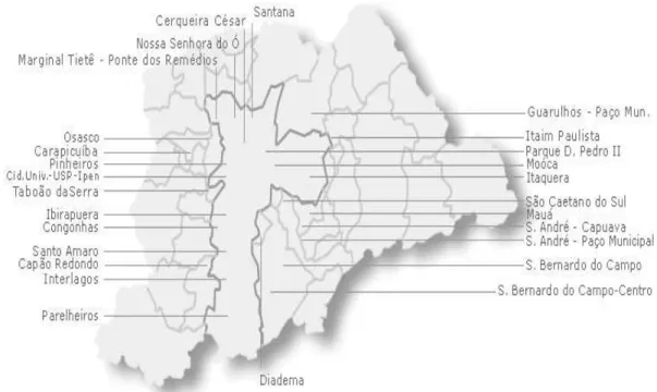Figura  1:  Localização  das  estações  medidoras  automáticas  de  poluentes  atmosféricos na Região Metropolitana de São Paulo (RMSP) 