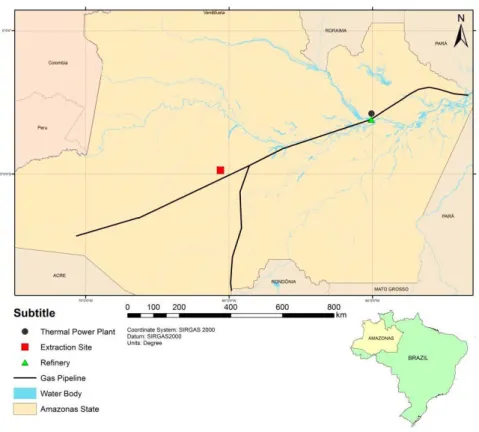 Figure 1- Localization of extraction site, gas pipeline, refinery and Thermal Power  Plant in the Amazonas State.