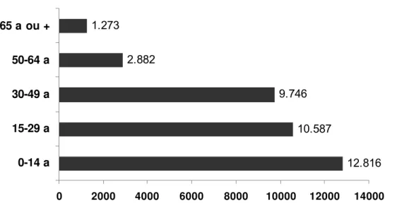 Figura 2 - Distribuição do número de habitantes segundo as faixas etárias,  Caieiras, 1990 
