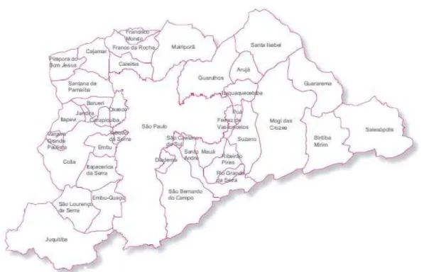Figura 3 - Região Metropolitana de São Paulo com os 39 municípios   FONTE: Índice Paulista de Responsabilidade Social - Fundação Seade  