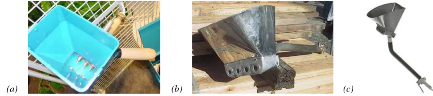 Figura 1.2 – Equipamentos de projeção de argamassa por spray a ar comprimido: (a) francês (foto de  Rodrigo Lara), (b) americano e (c) mexicano (imagens extraídas dos sites dos fabricantes).