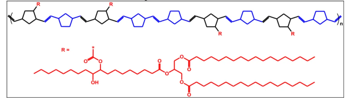 Figura 9 - Ilustração do copolímero aleatório formado entre NOP e NBE. Em azul NBE após ROMP e os  anéis restantes provenientes de ROMP do NOP 