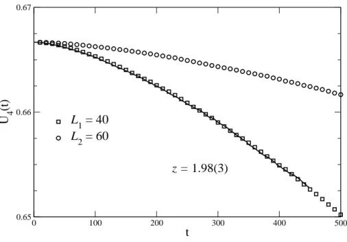 Figura 4.2: O cumulante U 4 (t) para L 1 = 40 e L 2 = 60 versus o tempo t. O cumulante para ambas as redes foi obtido de 5 conjuntos independentes