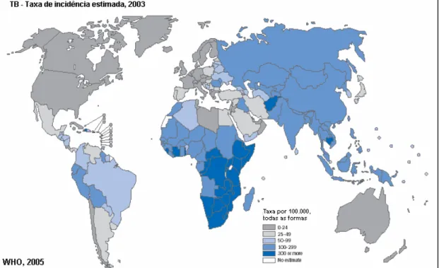 Figura 1: Incidência da tuberculose no mundo, incluindo todas as formas da doença (pulmonar,  extrapulmonar e miliar), por cada 100.000 pessoas (WHO, 2004)