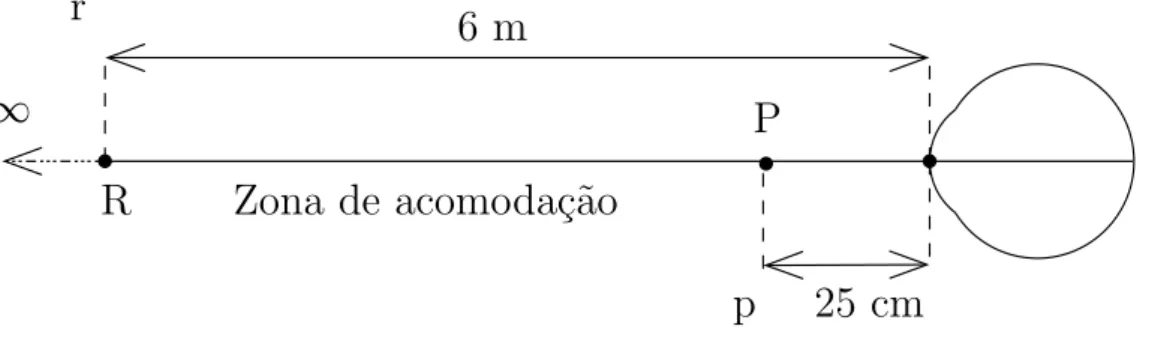Figura 4.2: Zona de acomoda¸c˜ao compreendida entre R e P . Nesta regi˜ao o cristalino funciona com uma lente de foco vari´avel.